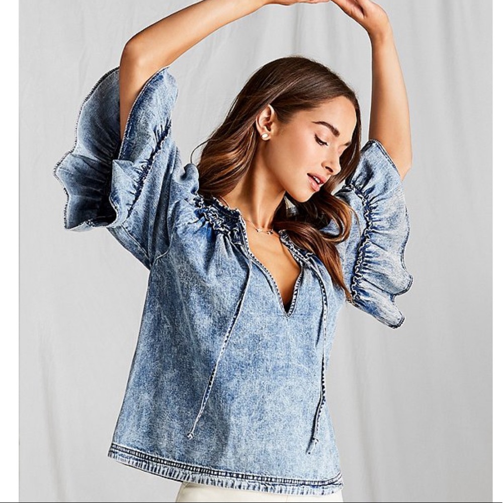 Free People Ainsley Ruffled Sleeve Denim Top